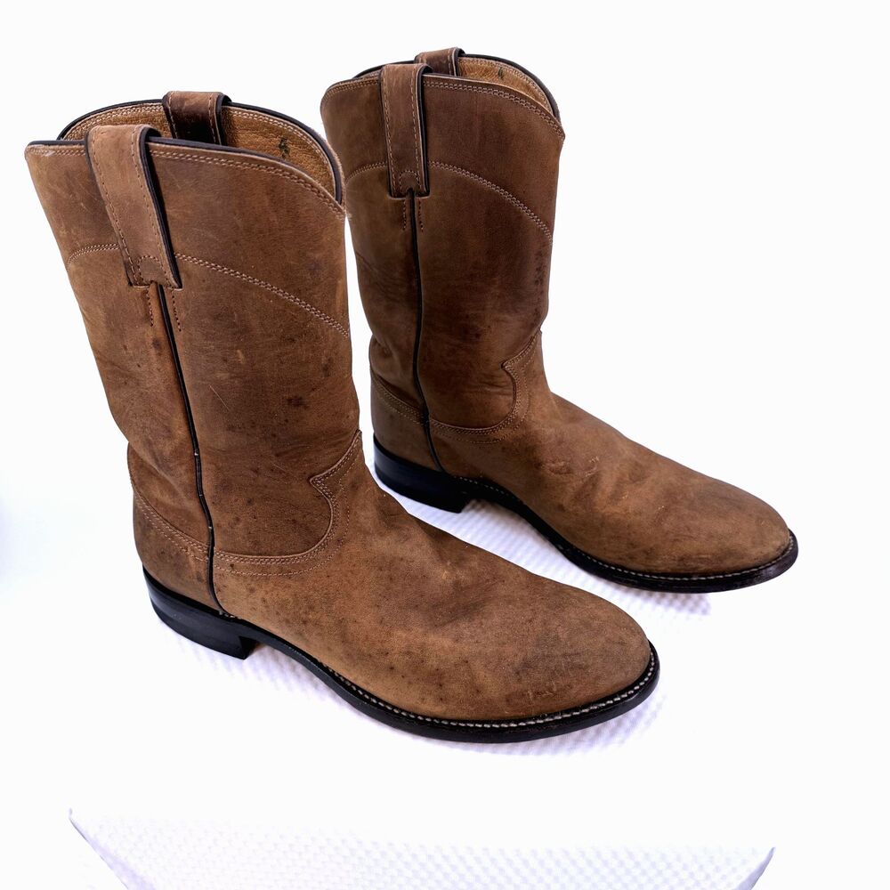 Justin 3408 Mens 9D Brown Leather Roper Cowboy Western Boots USA